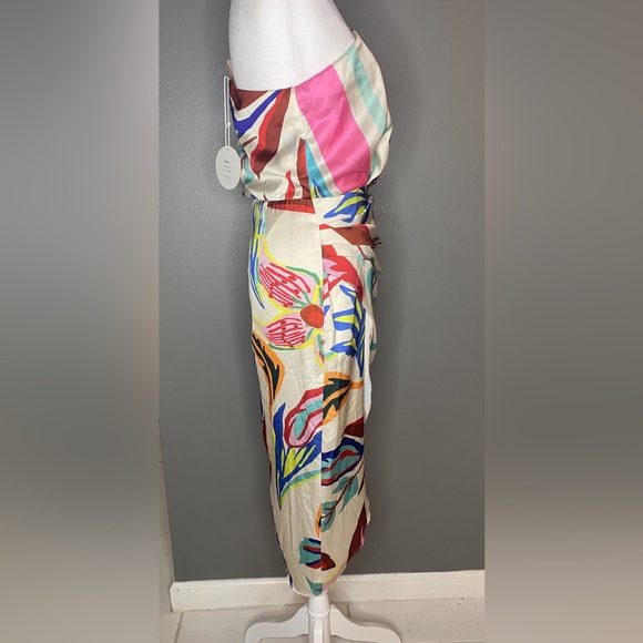 NWT! Luxxel Satin Faux Wrap Tropical Floral One Shoulder Midi Dress - Size S - Picture 2 of 7